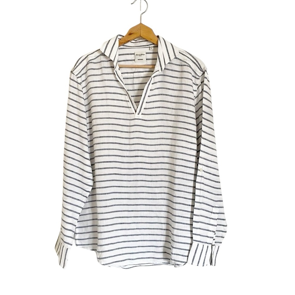 Baird McNutt Murano Womens Linen Stripe V-neck Collared  Roll Tab Top size L